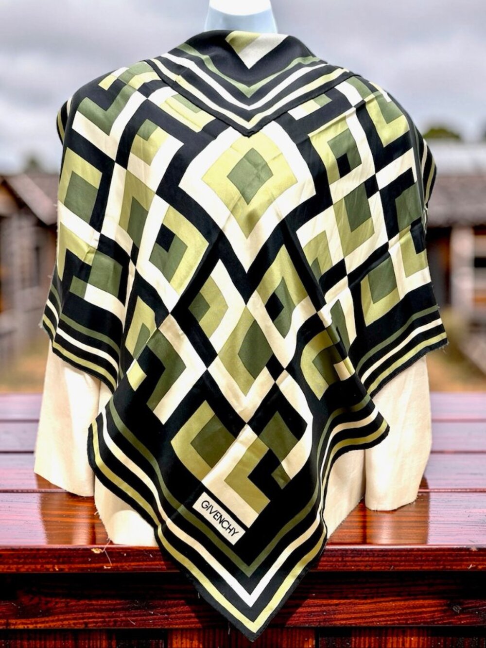 Vintage Givenchy 100% Silk 31"x31" Olive Green Black Beige Logo Striped (37)